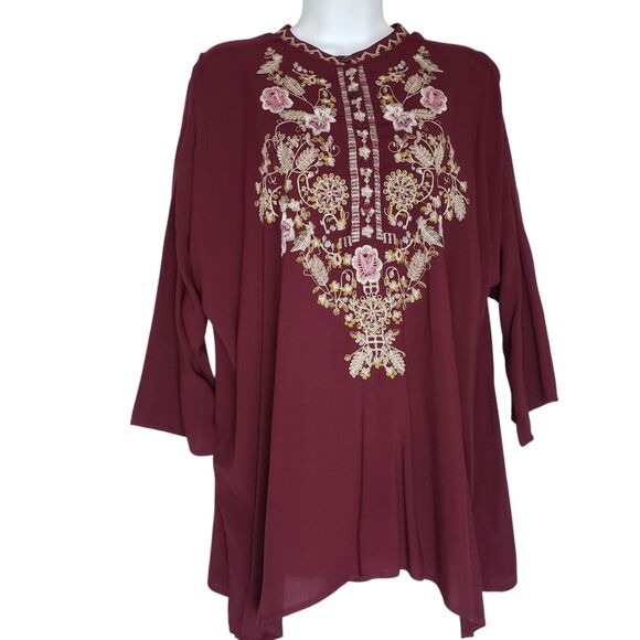 Grand & Greene Tunic Top Large Burgundy Floral Embroidered Button Front - Picture 1 of 13